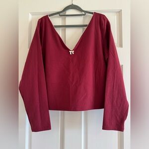 Aerie Burgundy Ribbed Lace Trim Bow Detail V-Neck Long Sleeve Top